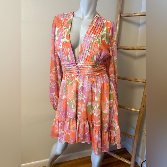 VICI Collection Floral Long Sleeve Chiffon Babydoll Dress Medium Retro Look - Picture 11 of 11